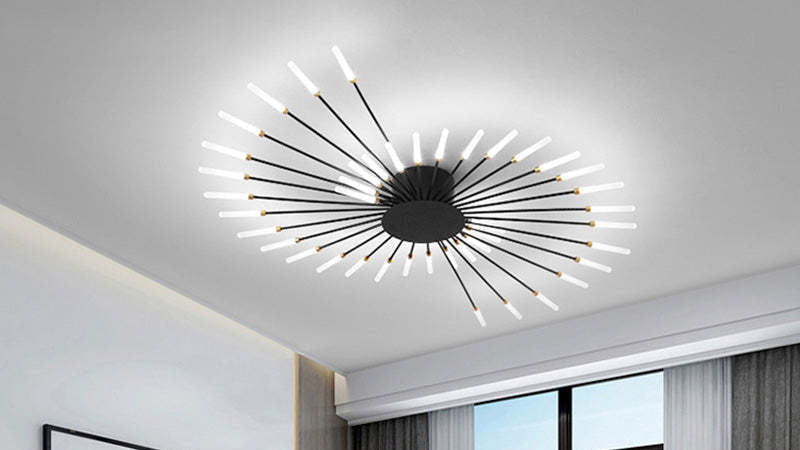 Liora Starburst LED Ceiling Light With Narrow Black Rods And Gentle White Tubes For Modern Interiors