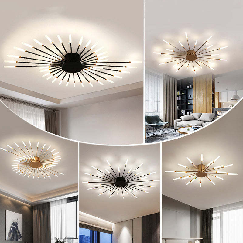 Liora Starburst LED Ceiling Light With Narrow Black Rods And Gentle White Tubes For Modern Interiors