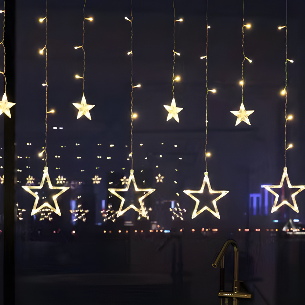 Starry Nights LED Curtain — Warm White Star Lights, Built-In Timer