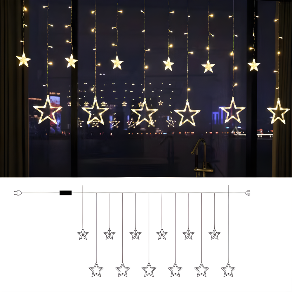 Starry Nights LED Curtain — Warm White Star Lights, Built-In Timer