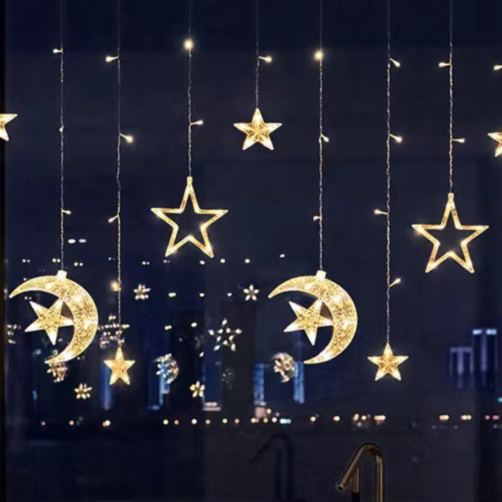 Starry Nights LED Curtain — Warm White Star Lights, Built-In Timer