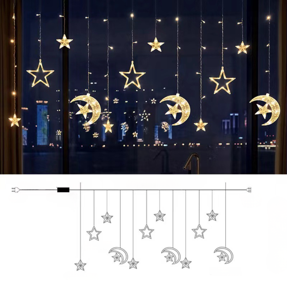 Starry Nights LED Curtain — Warm White Star Lights, Built-In Timer