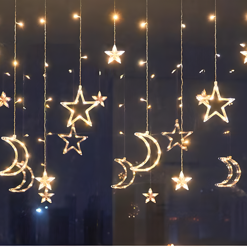 Starry Nights LED Curtain — Warm White Star Lights, Built-In Timer