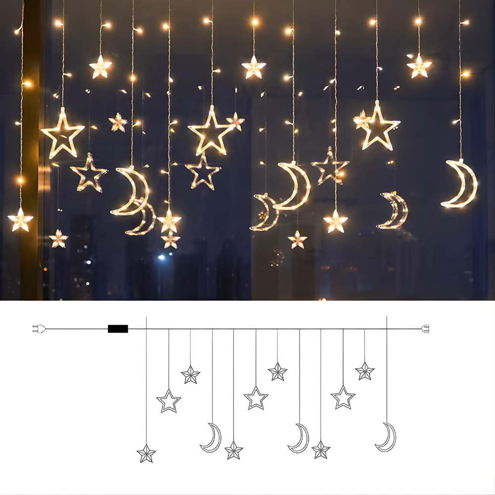 Starry Nights LED Curtain — Warm White Star Lights, Built-In Timer