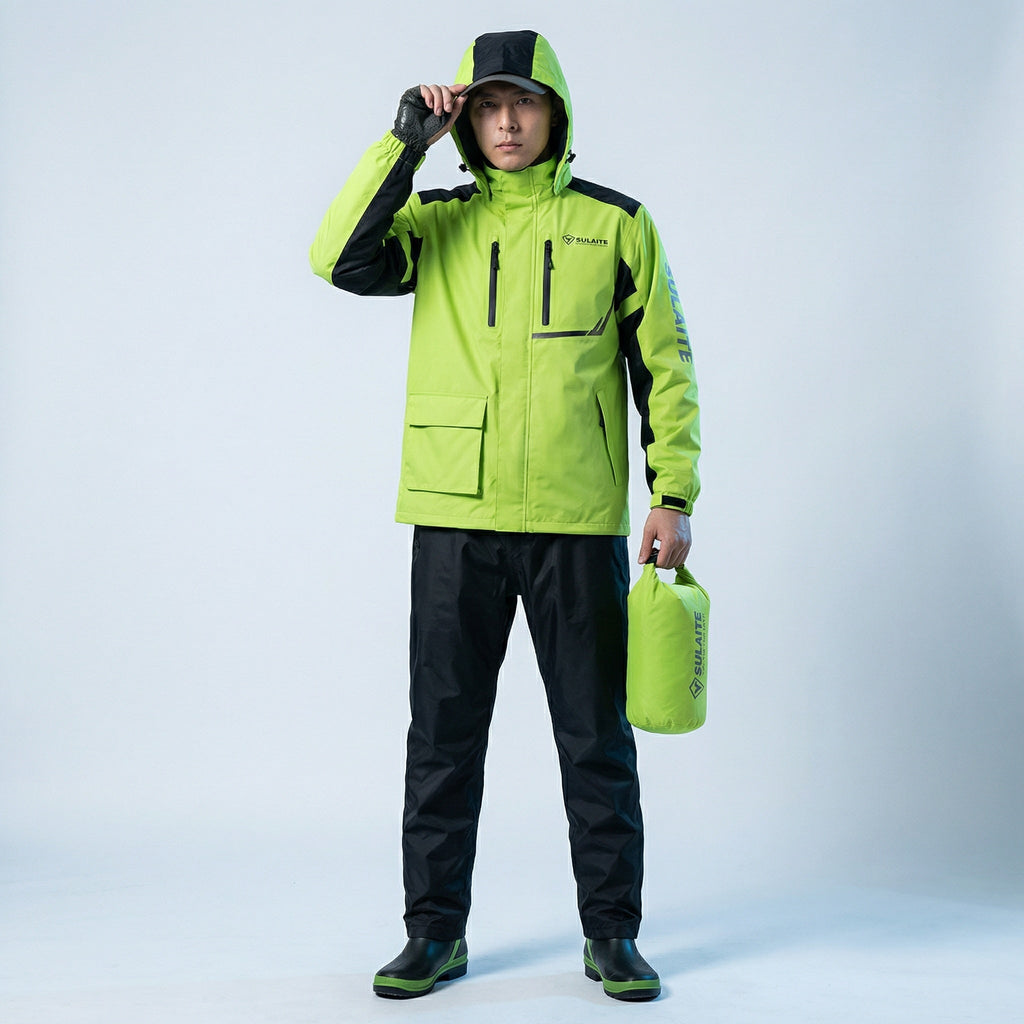 Breathable Waterproof Rainwear Set For Outdoor Hiking Cycling Camping (Green Black Orange)