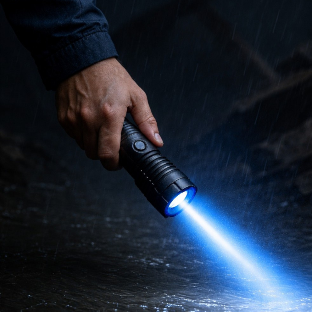 Waterproof Tactical Flashlight — Sealed Housing, Concentrated Blue Beam