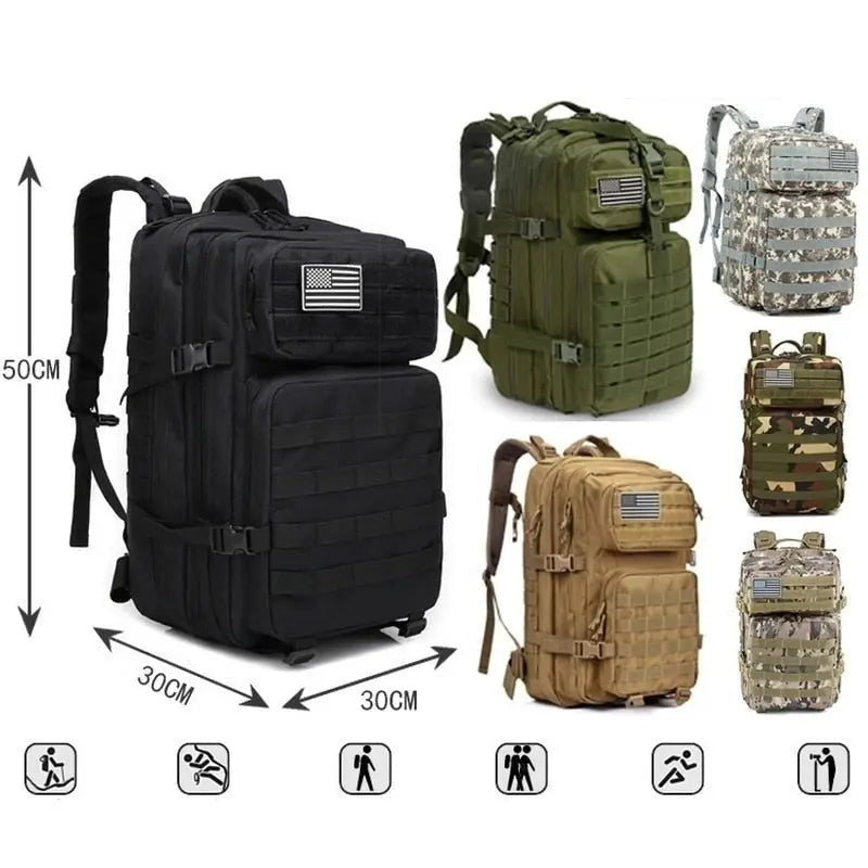 50-Liter Tactical Backpack — Multiple Compartments, Protective Laptop Sleeve, Travel Daypack