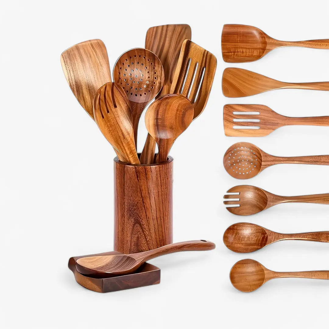 Set de 9 ustensiles de cuisine en teck massif — Outils anti-rayures avec support et plateau