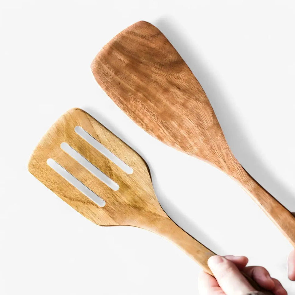 Set de 9 ustensiles de cuisine en teck massif — Outils anti-rayures avec support et plateau
