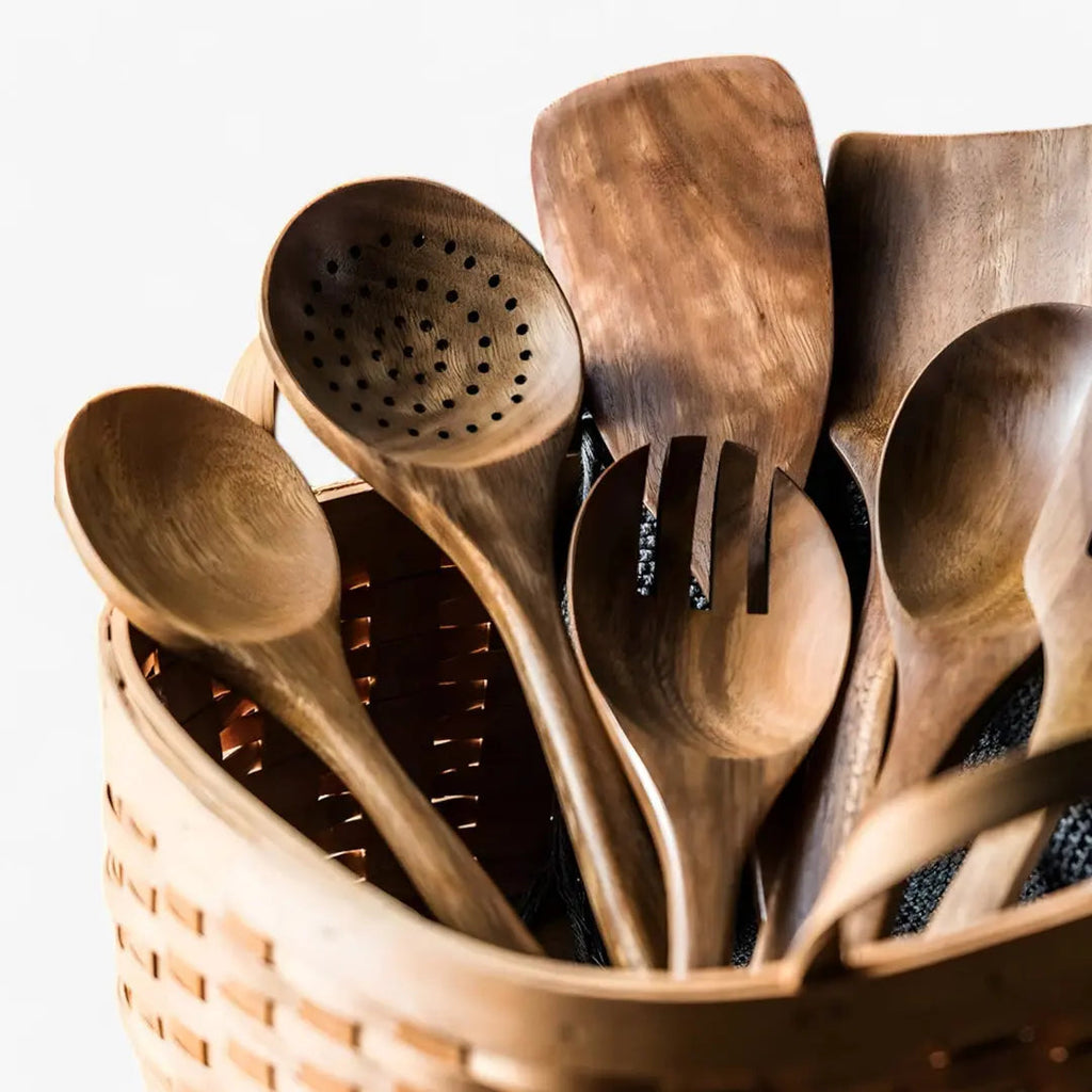 Set de 9 ustensiles de cuisine en teck massif — Outils anti-rayures avec support et plateau
