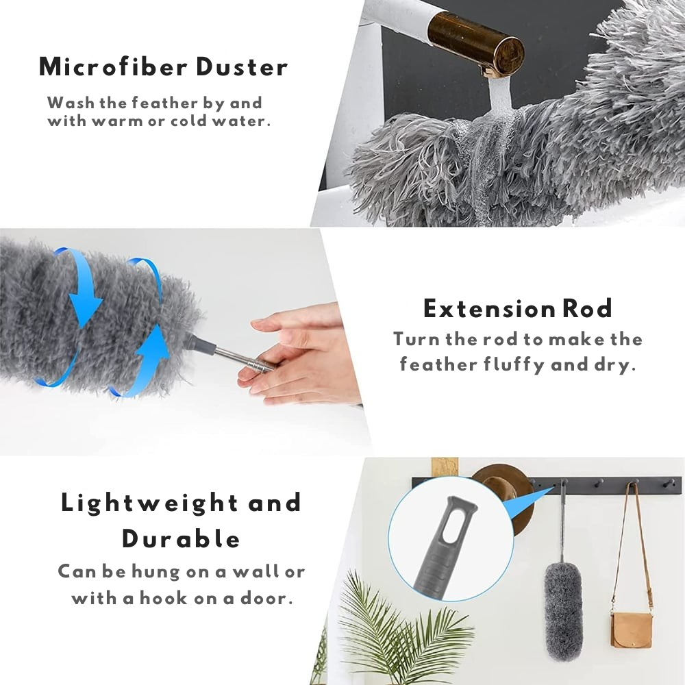 Extendable Duster With Removable Microfiber Head For Ceilings And Fans