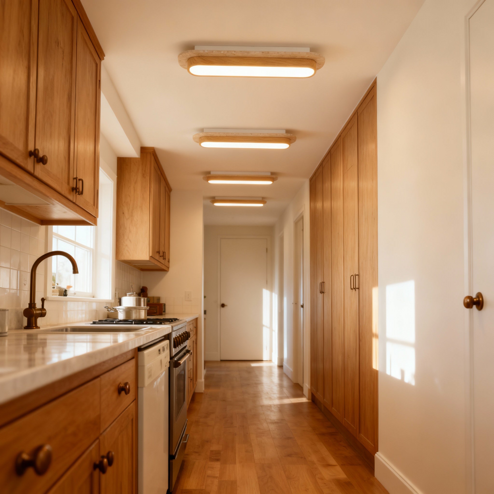 AuroraStone Natural Stone Ceiling Light With A Wood Frame, Flush Mount Fixture For Living Spaces