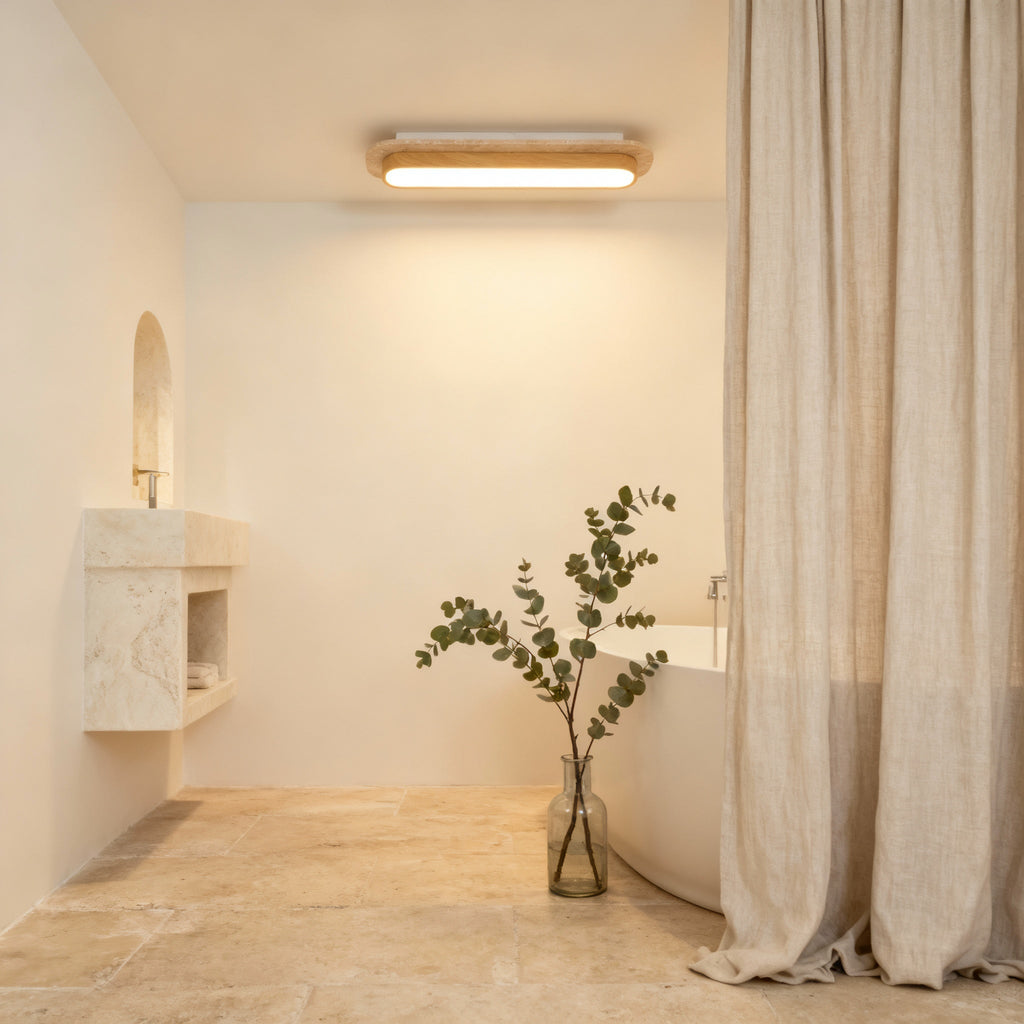AuroraStone Natural Stone Ceiling Light With A Wood Frame, Flush Mount Fixture For Living Spaces