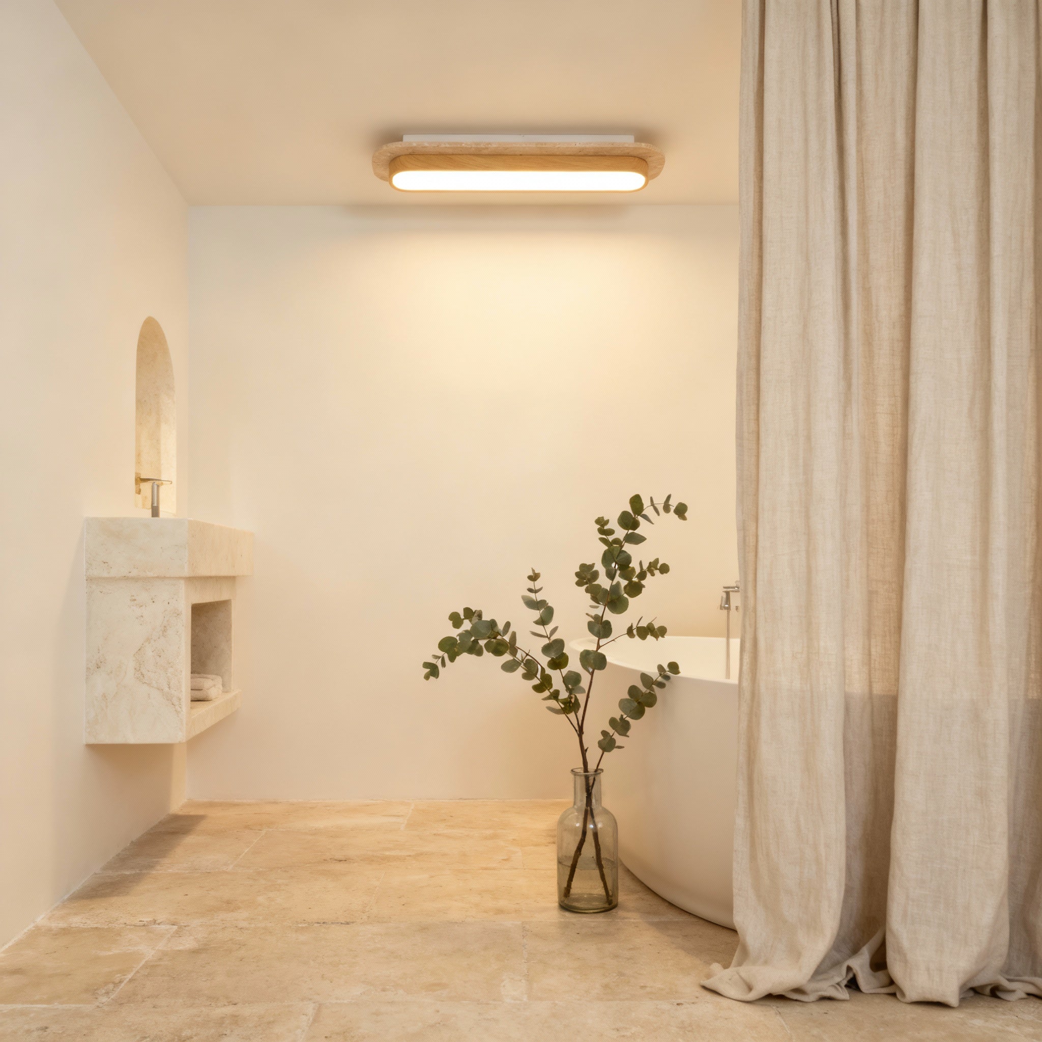 AuroraStone Natural Stone Ceiling Light With A Wood Frame, Flush Mount Fixture For Living Spaces