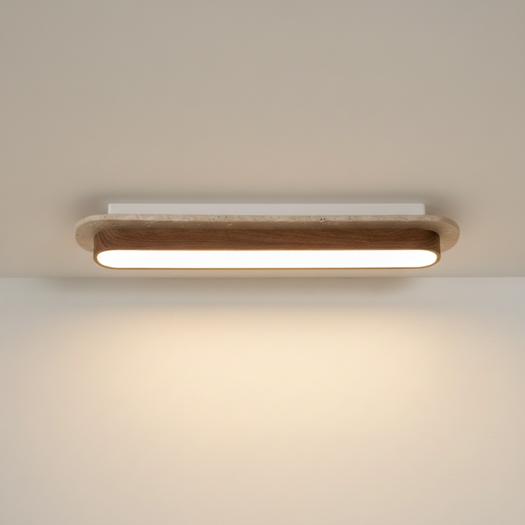 AuroraStone Natural Stone Ceiling Light With A Wood Frame, Flush Mount Fixture For Living Spaces
