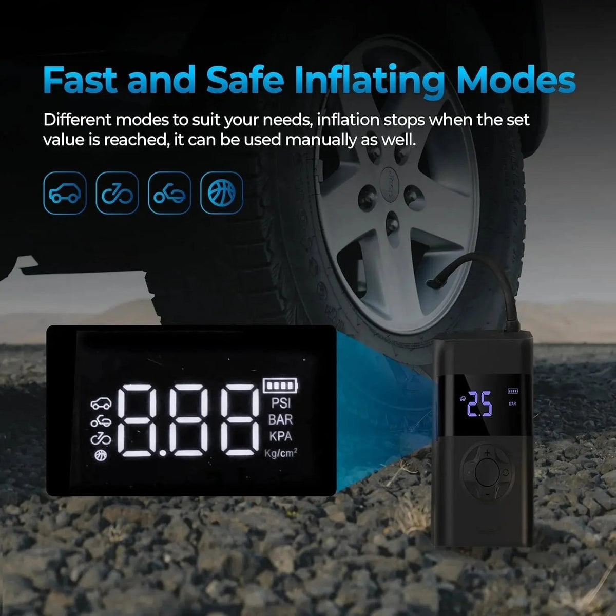 Digital Portable Tire Inflator — Battery-Powered, 150 PSI, Automatic Shutoff