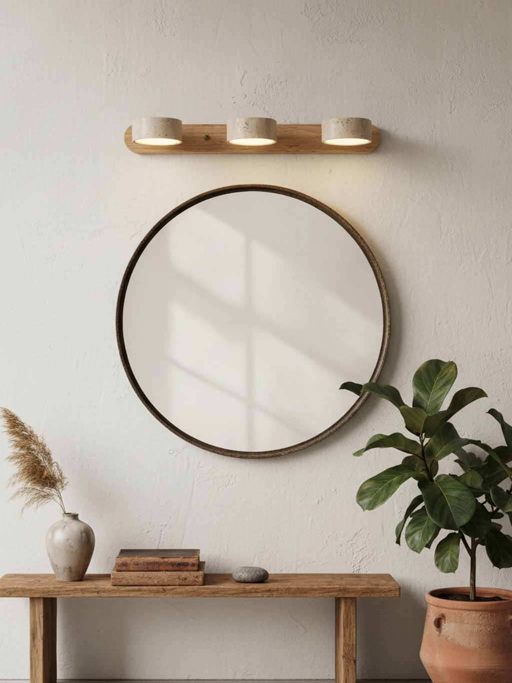 Natural Travertine Wall Light With Wooden Base And Dual LED Bulbs