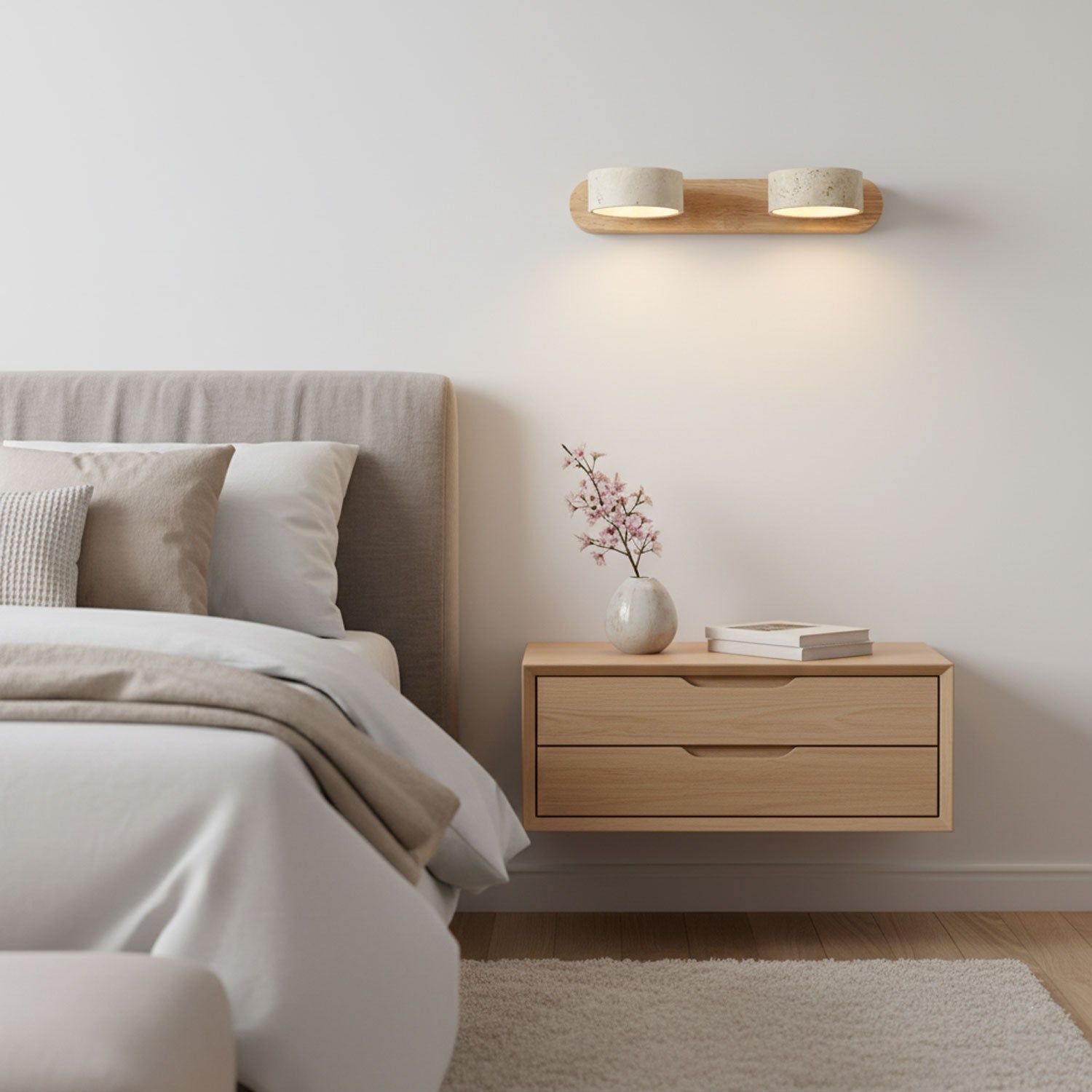 Natural Travertine Wall Light With Wooden Base And Dual LED Bulbs