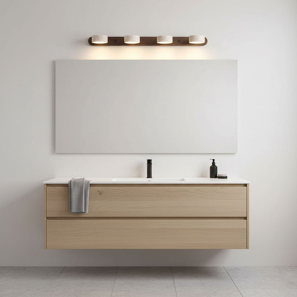 Natural Travertine Wall Light With Wooden Base And Dual LED Bulbs