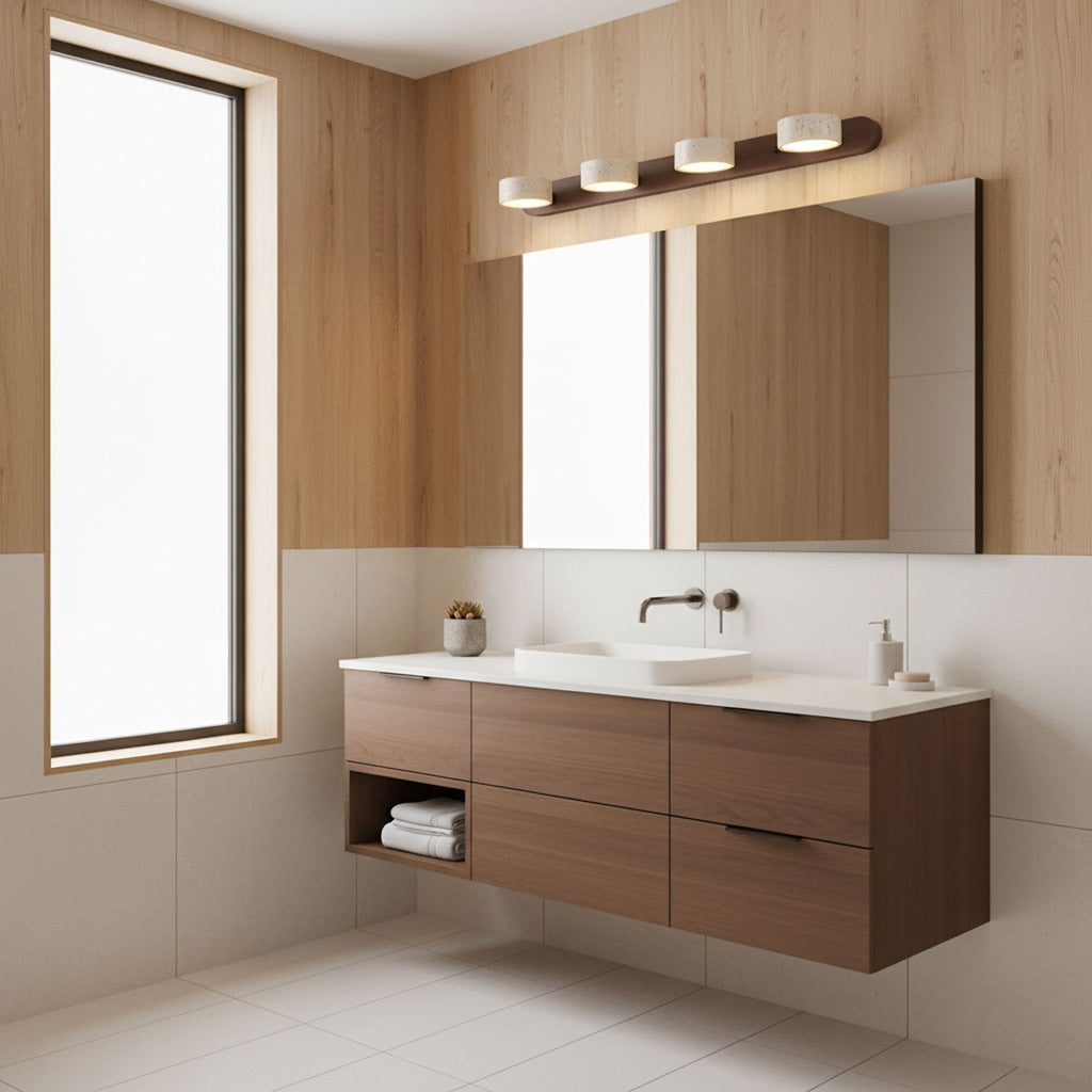Natural Travertine Wall Light With Wooden Base And Dual LED Bulbs