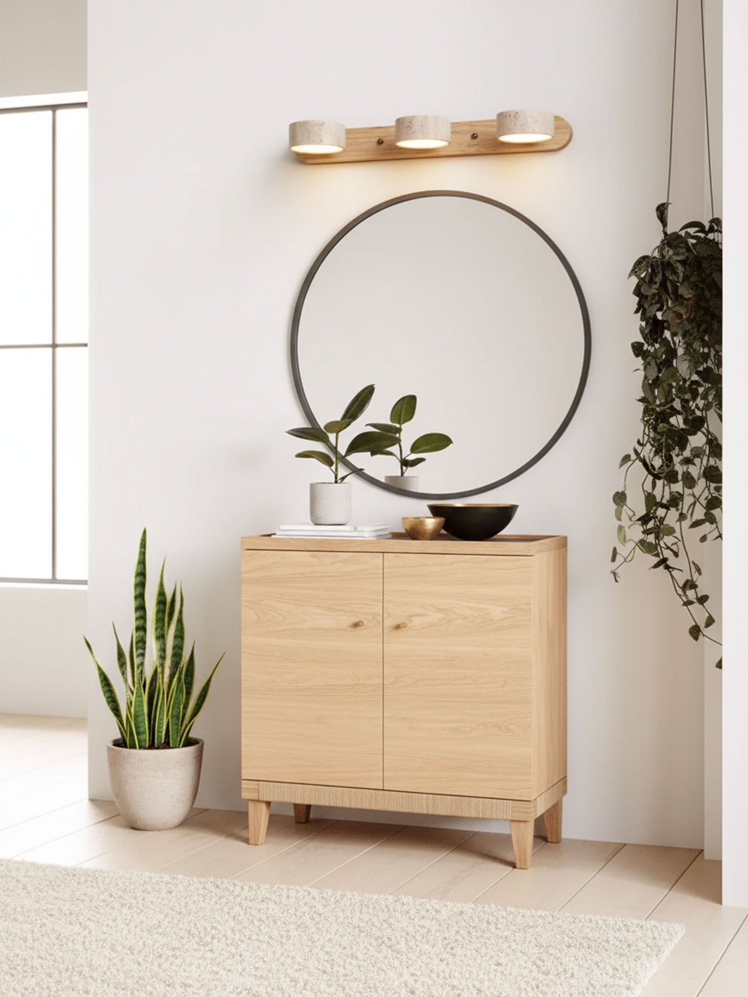 Natural Travertine Wall Light With Wooden Base And Dual LED Bulbs
