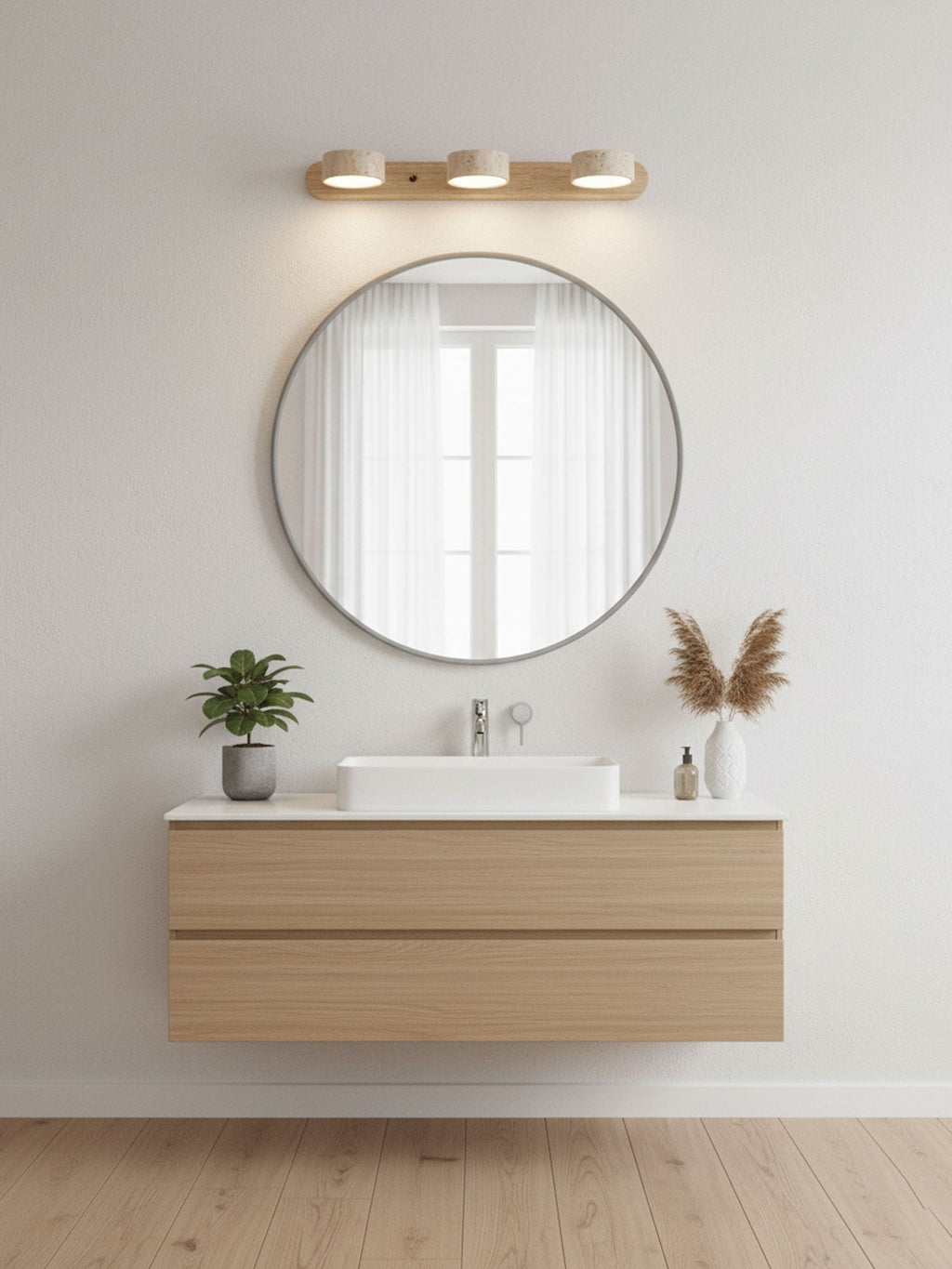 Natural Travertine Wall Light With Wooden Base And Dual LED Bulbs
