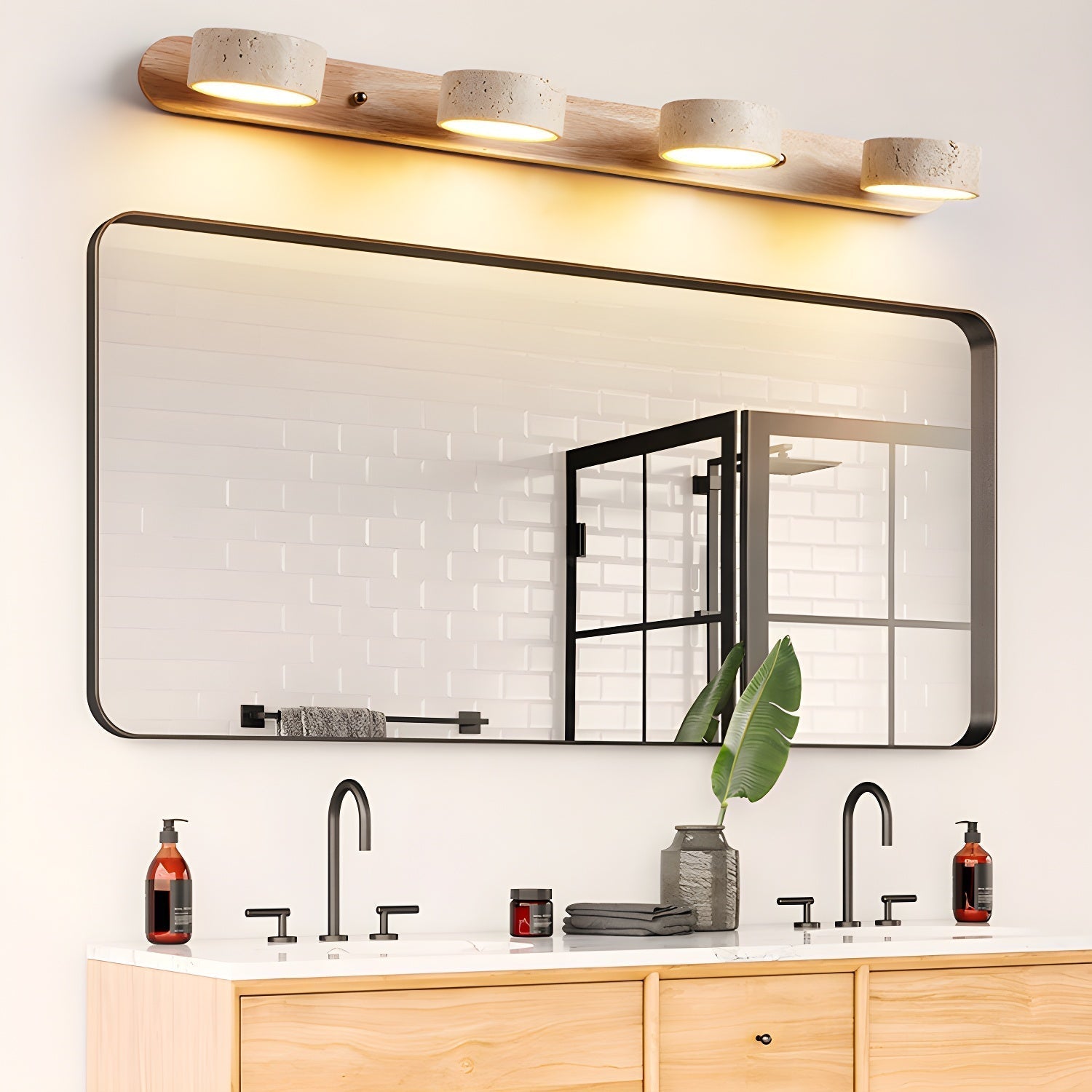 Natural Travertine Wall Light With Wooden Base And Dual LED Bulbs