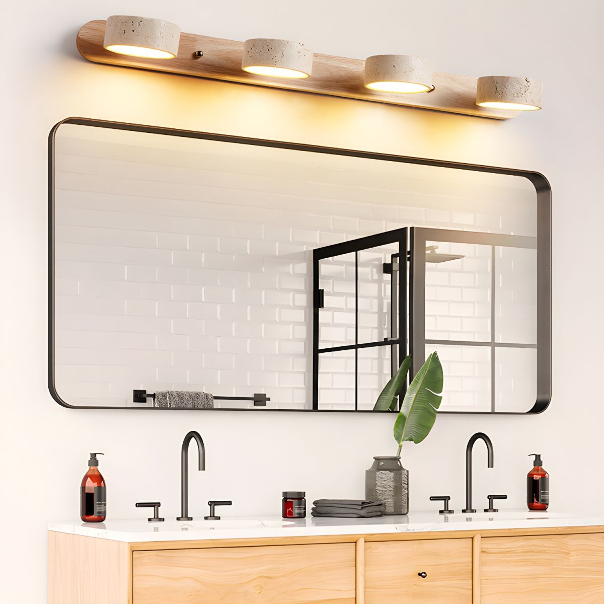 Natural Travertine Wall Light With Wooden Base And Dual LED Bulbs