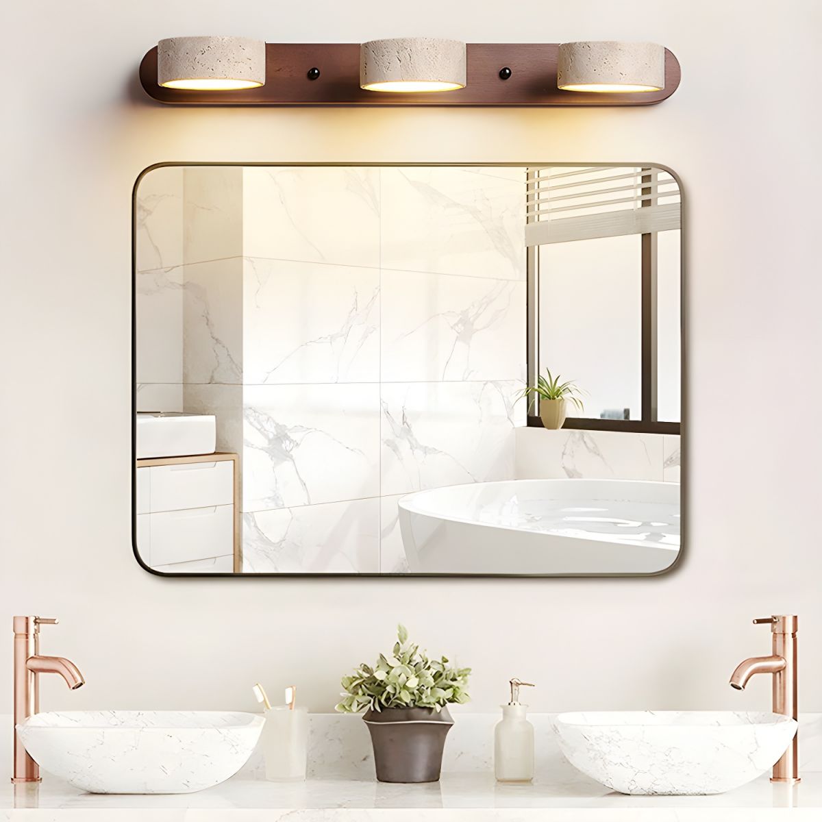 Natural Travertine Wall Light With Wooden Base And Dual LED Bulbs