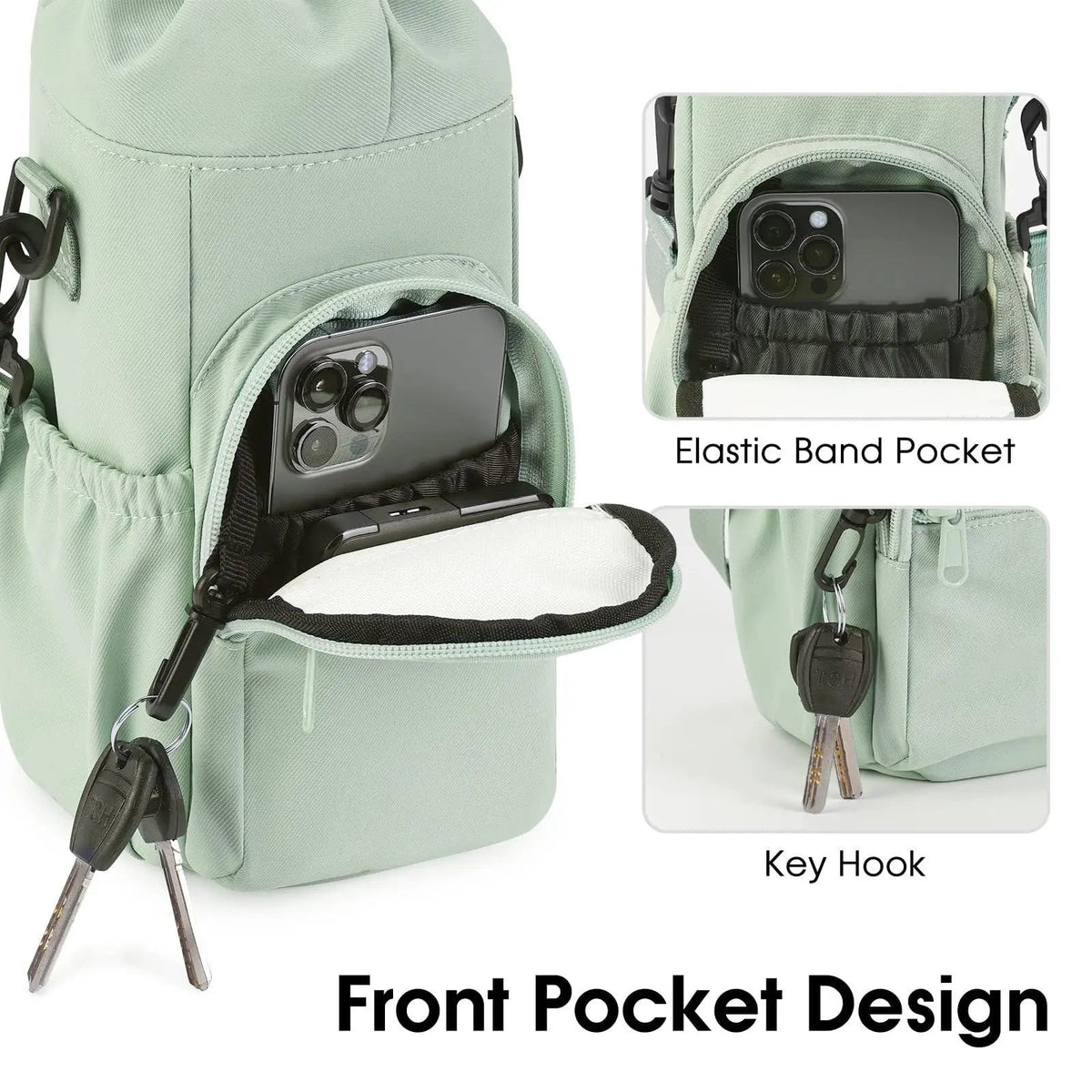 Borsa a tracolla compatta per borraccia - portaborraccia con coulisse e tasca anteriore con cerniera