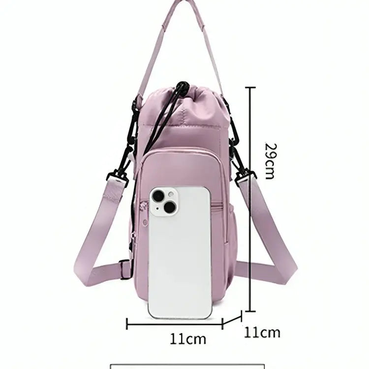 Borsa a tracolla compatta per borraccia - portaborraccia con coulisse e tasca anteriore con cerniera