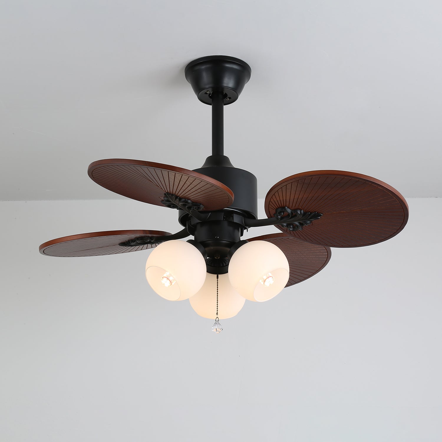 Remote Controlled Six Speed Ceiling Fan With Glass Lampshade Tropical Style