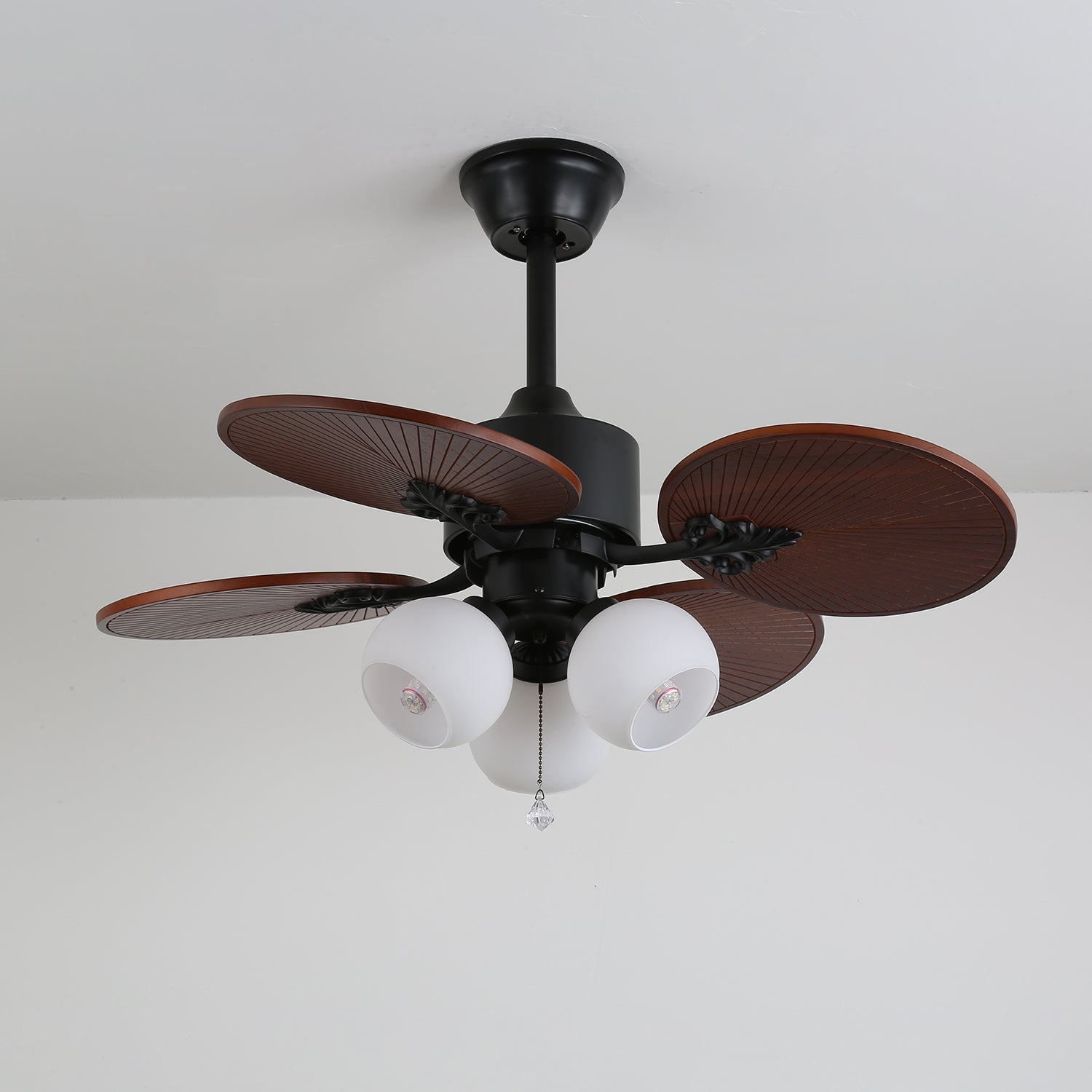 Remote Controlled Six Speed Ceiling Fan With Glass Lampshade Tropical Style
