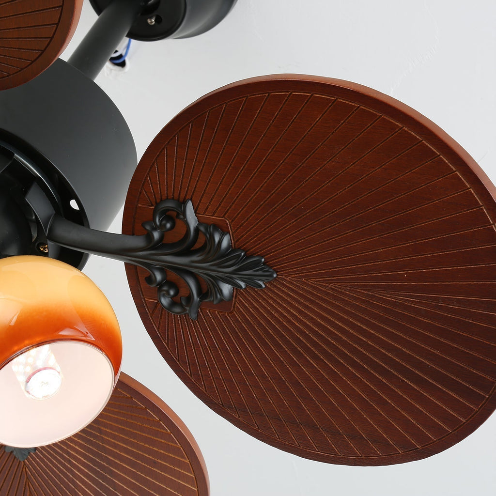 Remote Controlled Six Speed Ceiling Fan With Glass Lampshade Tropical Style