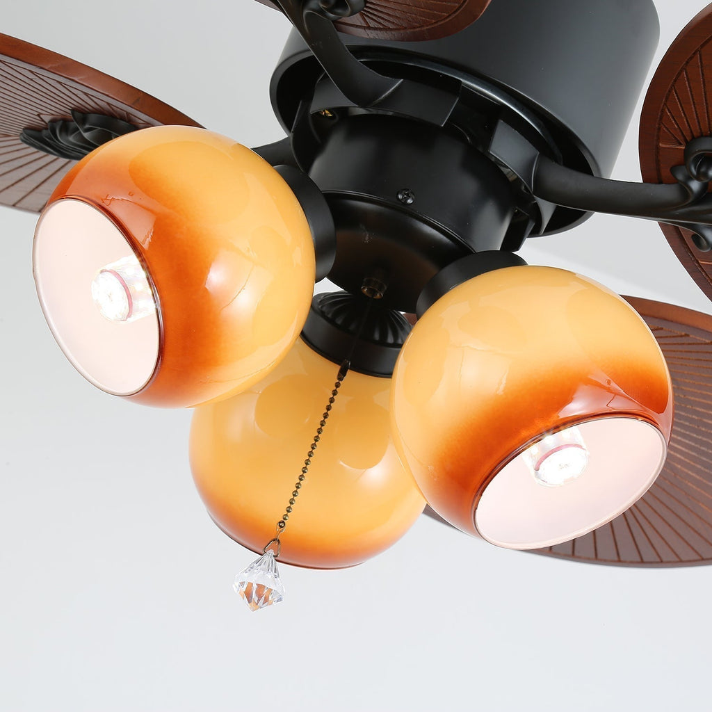 Remote Controlled Six Speed Ceiling Fan With Glass Lampshade Tropical Style