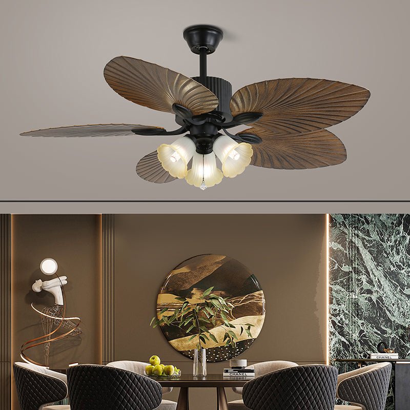 Remote Controlled Six Speed Ceiling Fan With Glass Lampshade Tropical Style