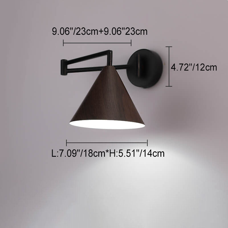 Walnut Wood Wall Lamp With Swivel Arm And Conical Iron Shade E26 Base