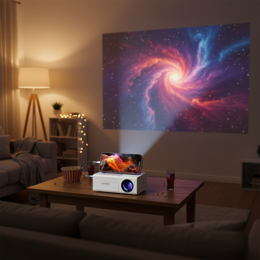 Mini projektor — LED s jasem 3000 lumenů, elegantní stolní provedení