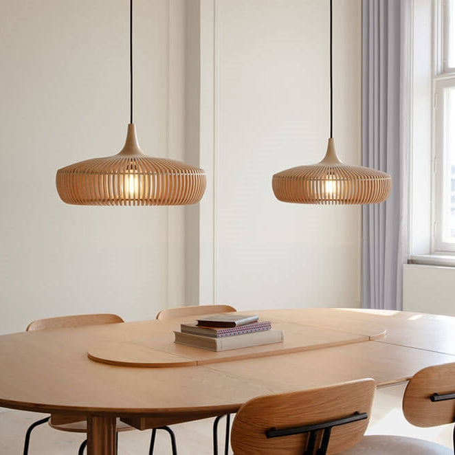 Warm Glow Wood Pendant Light With Minimalist Dome For Modern Interiors And Calm Ambience