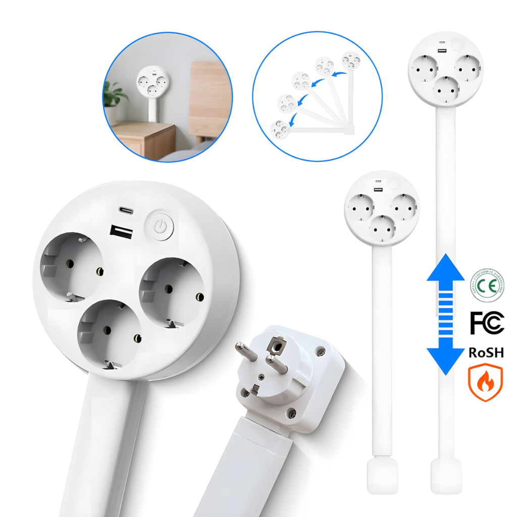 Retractable Power Outlet With USB-A And USB-C, Charge Five Devices, 180-Degree Rotatable