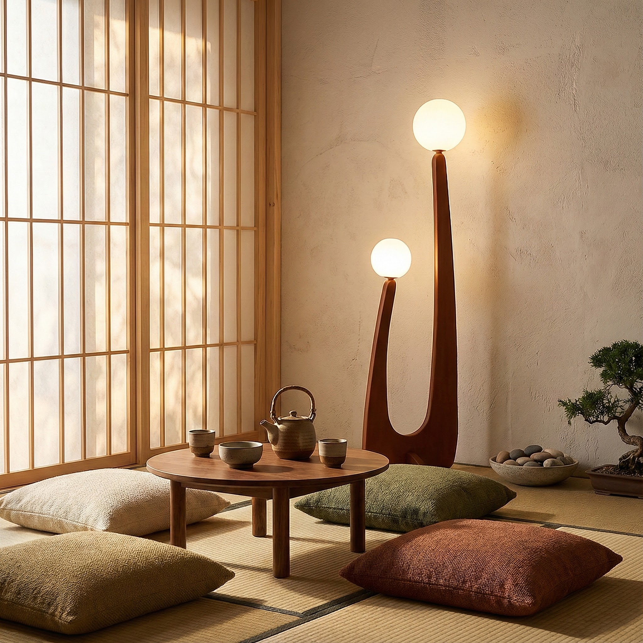 Arcwood Curved Wood Floor Lamp With Glass Globes Elegant Soft Ambient Lighting Glow