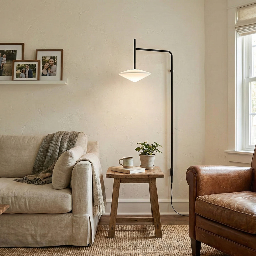 Plug Model Wall Lamp With Adjustable Swivel Arm And Blown Glass Shade