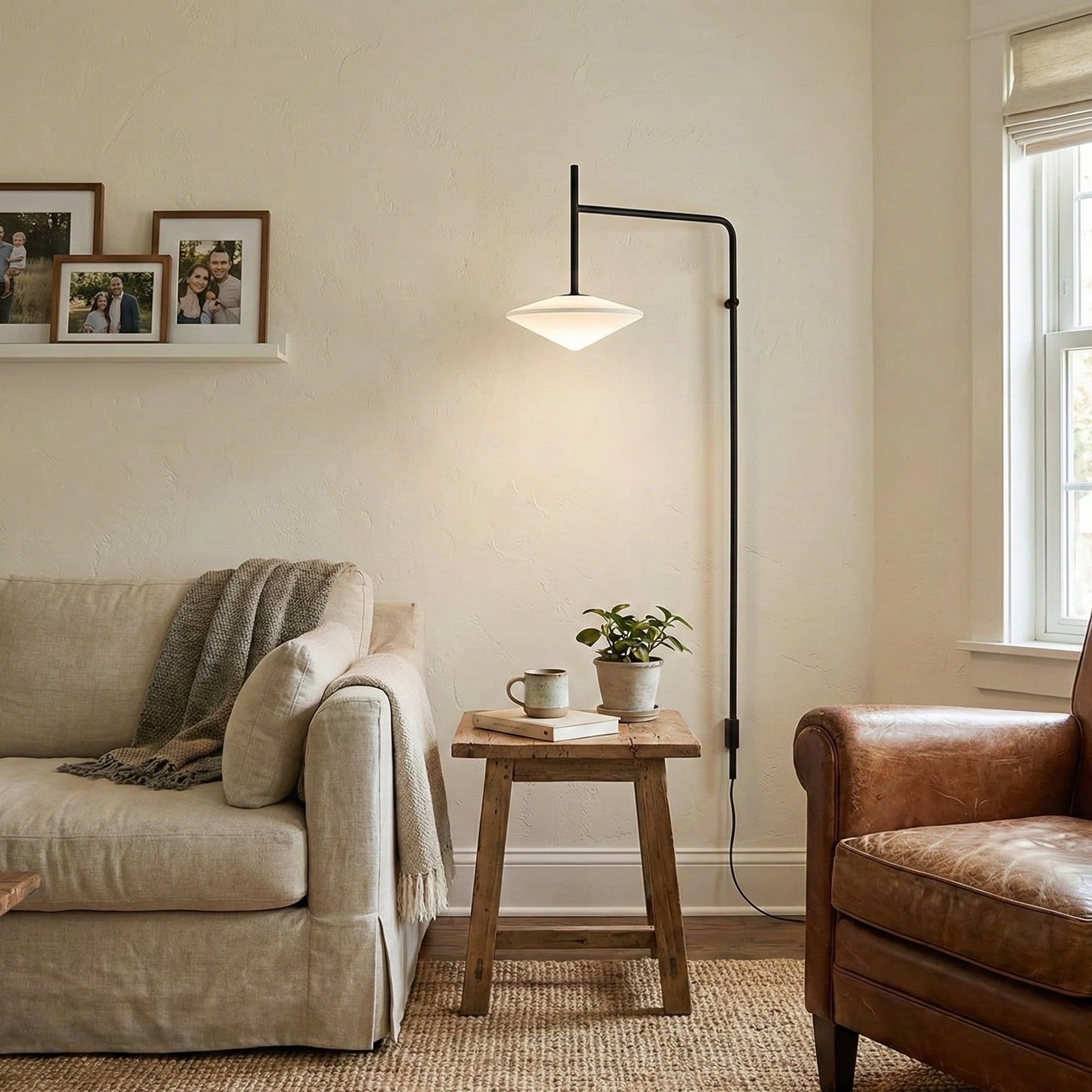 Plug Model Wall Lamp With Adjustable Swivel Arm And Blown Glass Shade