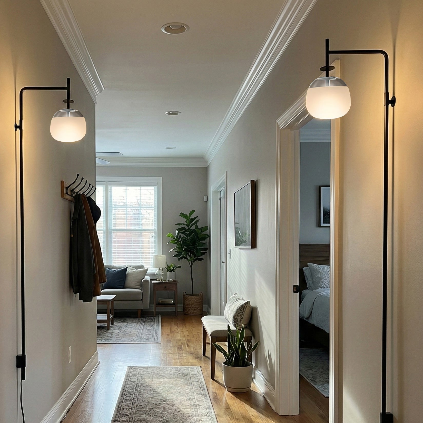 Plug Model Wall Lamp With Adjustable Swivel Arm And Blown Glass Shade