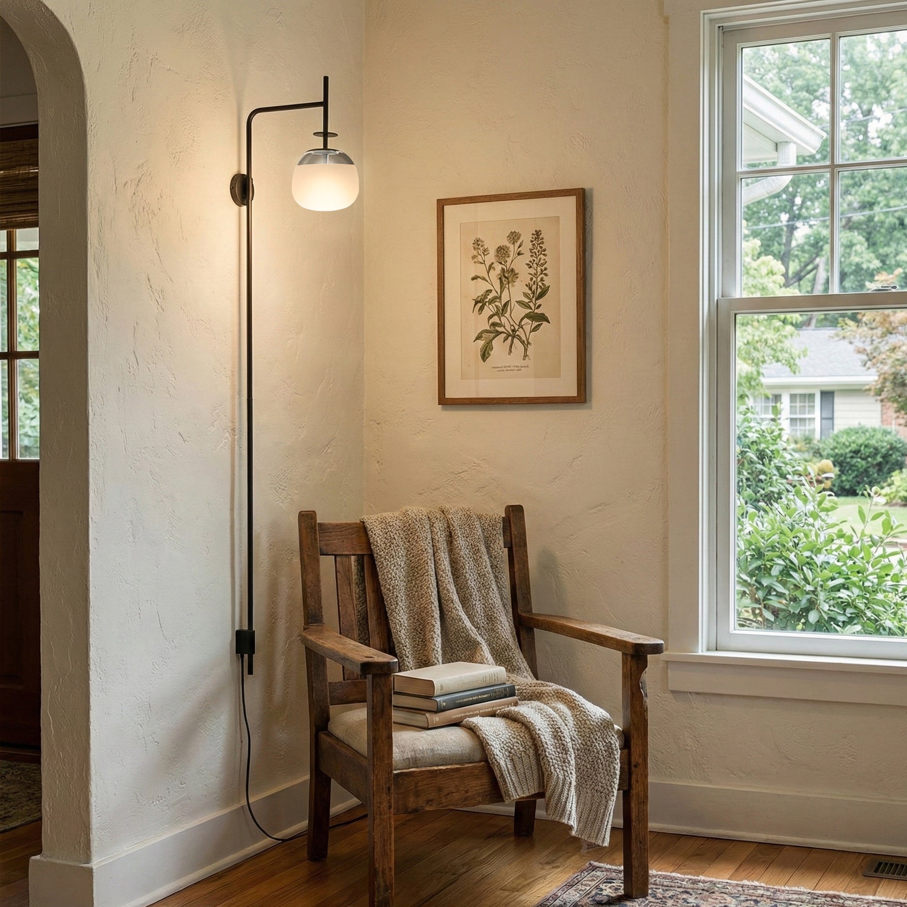 Plug Model Wall Lamp With Adjustable Swivel Arm And Blown Glass Shade