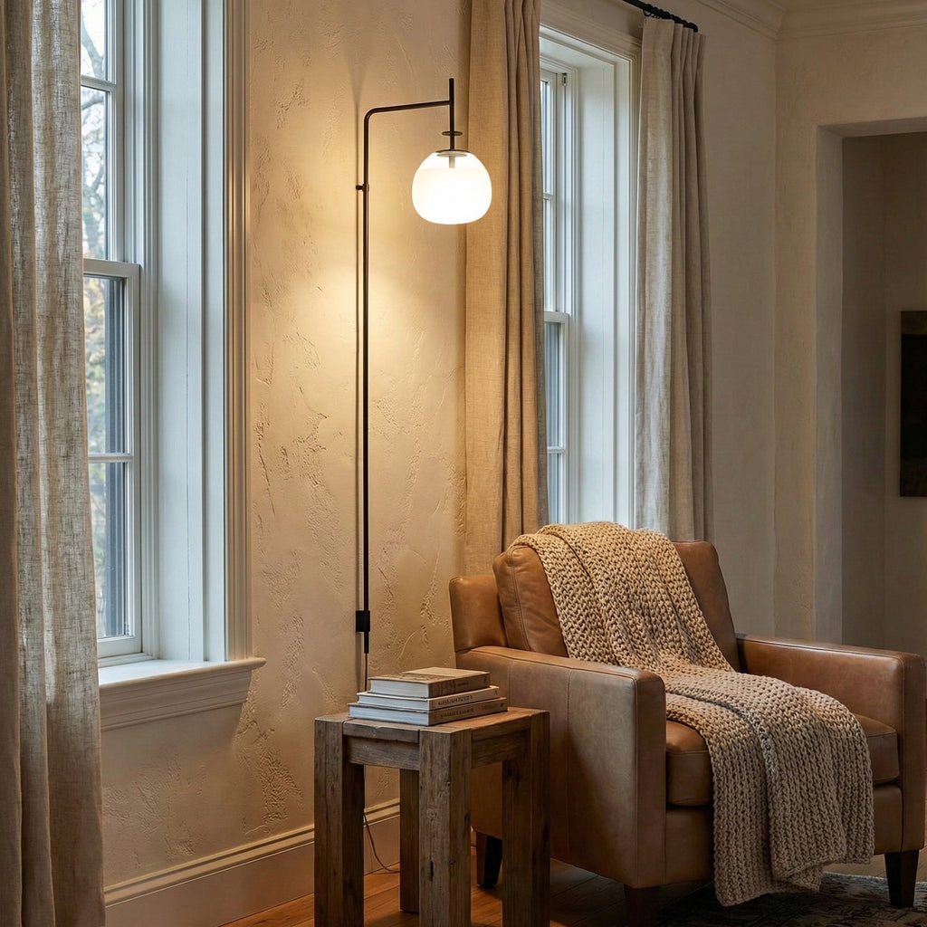 Plug Model Wall Lamp With Adjustable Swivel Arm And Blown Glass Shade