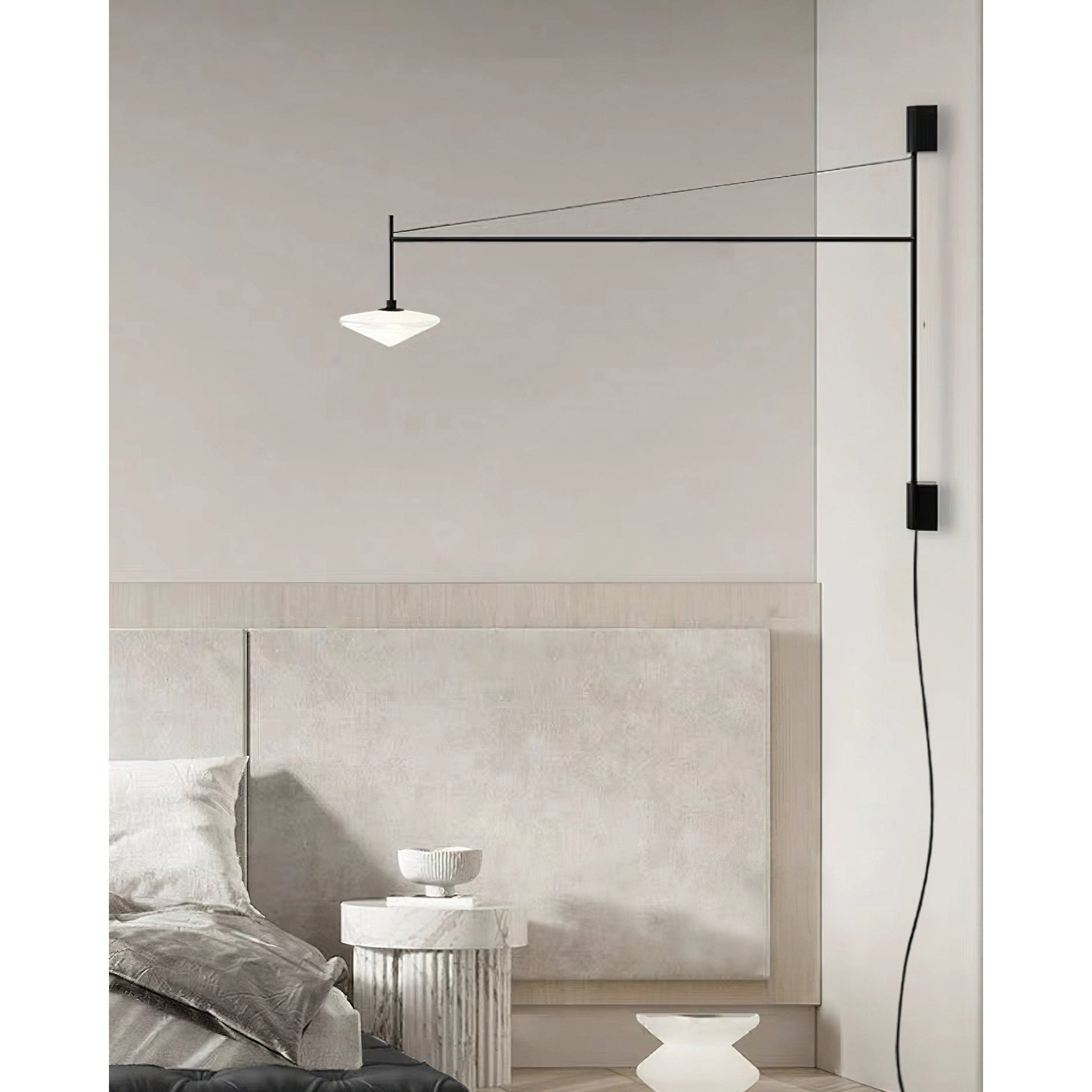 Plug Model Wall Lamp With Adjustable Swivel Arm And Blown Glass Shade