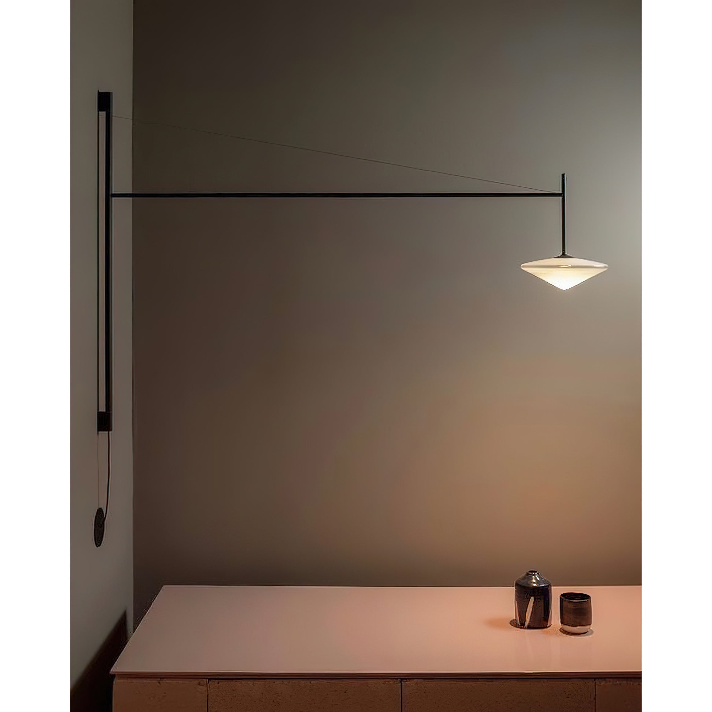 Plug Model Wall Lamp With Adjustable Swivel Arm And Blown Glass Shade