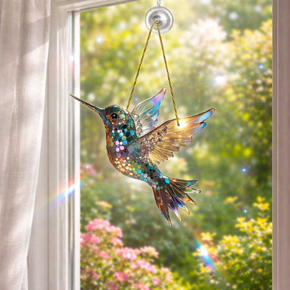 Colorful Hummingbird Window Ornament — Transparent Acrylic Prism Suncatcher