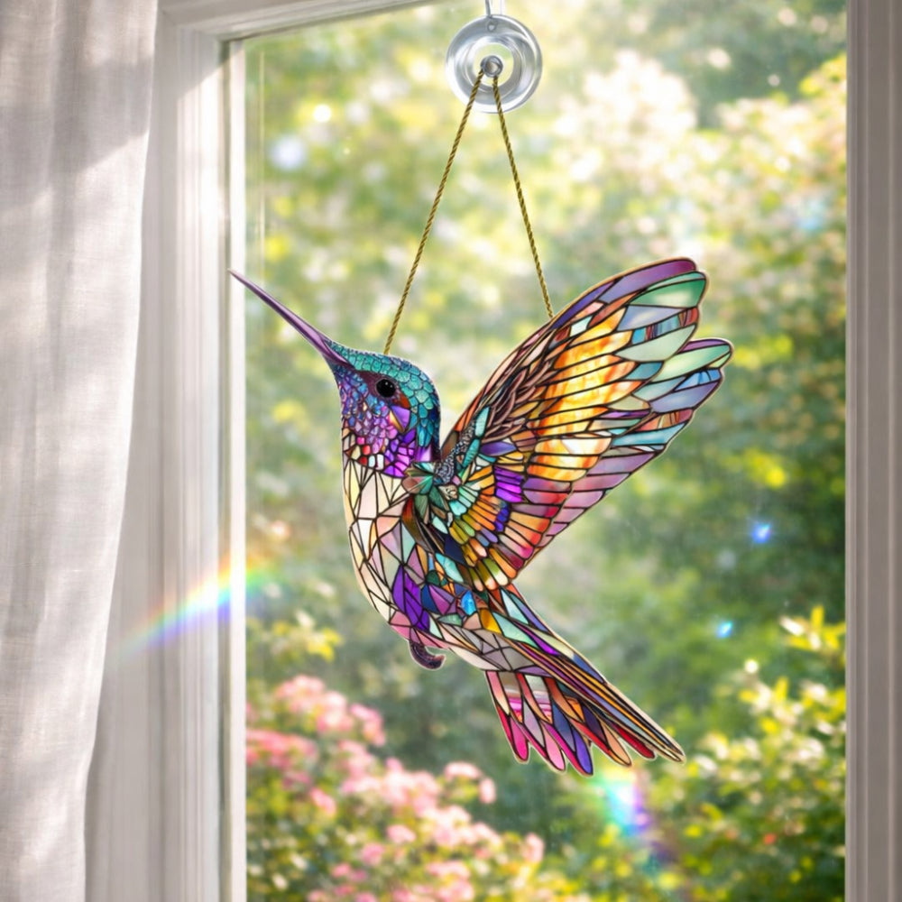 Colorful Hummingbird Window Ornament — Transparent Acrylic Prism Suncatcher
